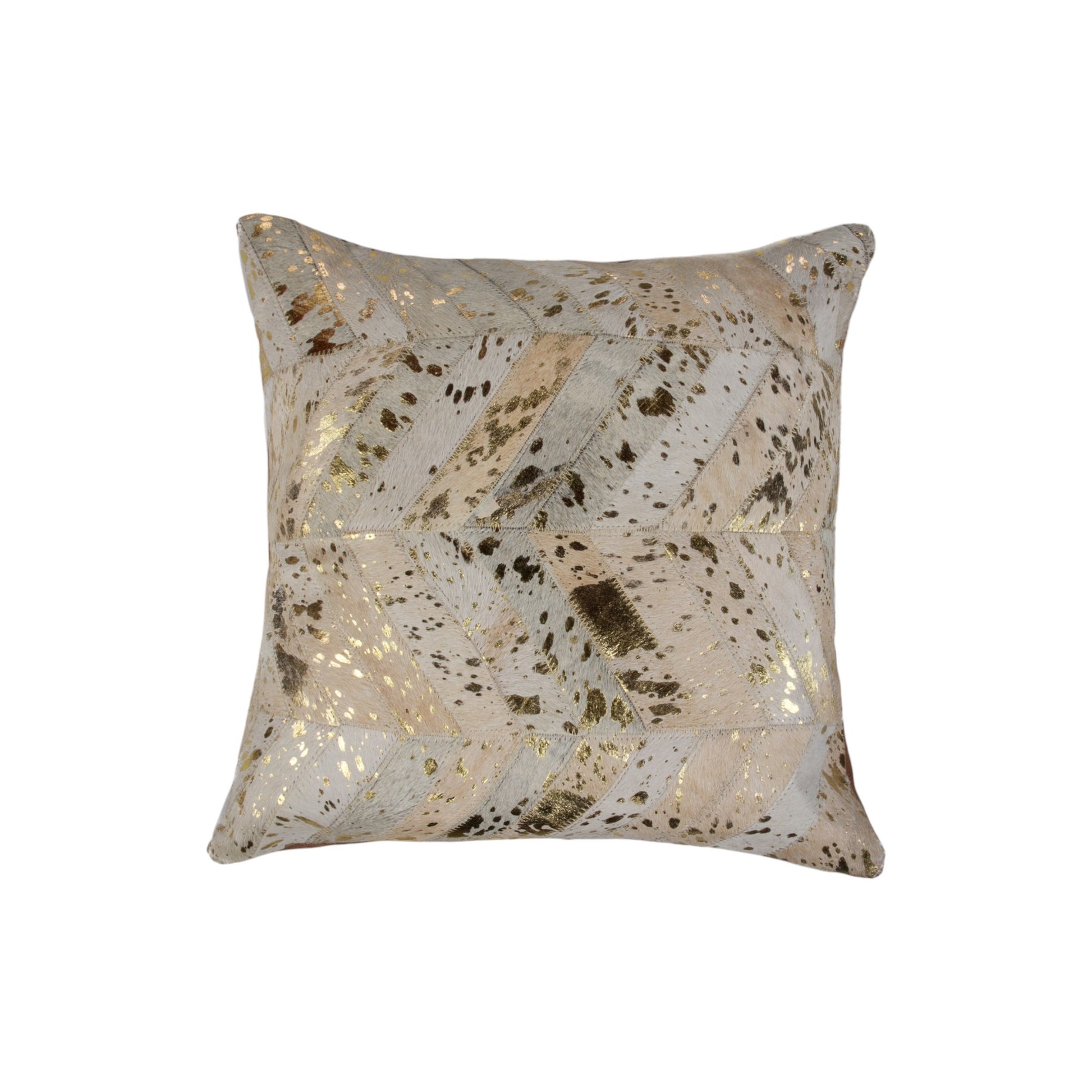 Decorative pillow with a gold and brown abstract pattern on a white background