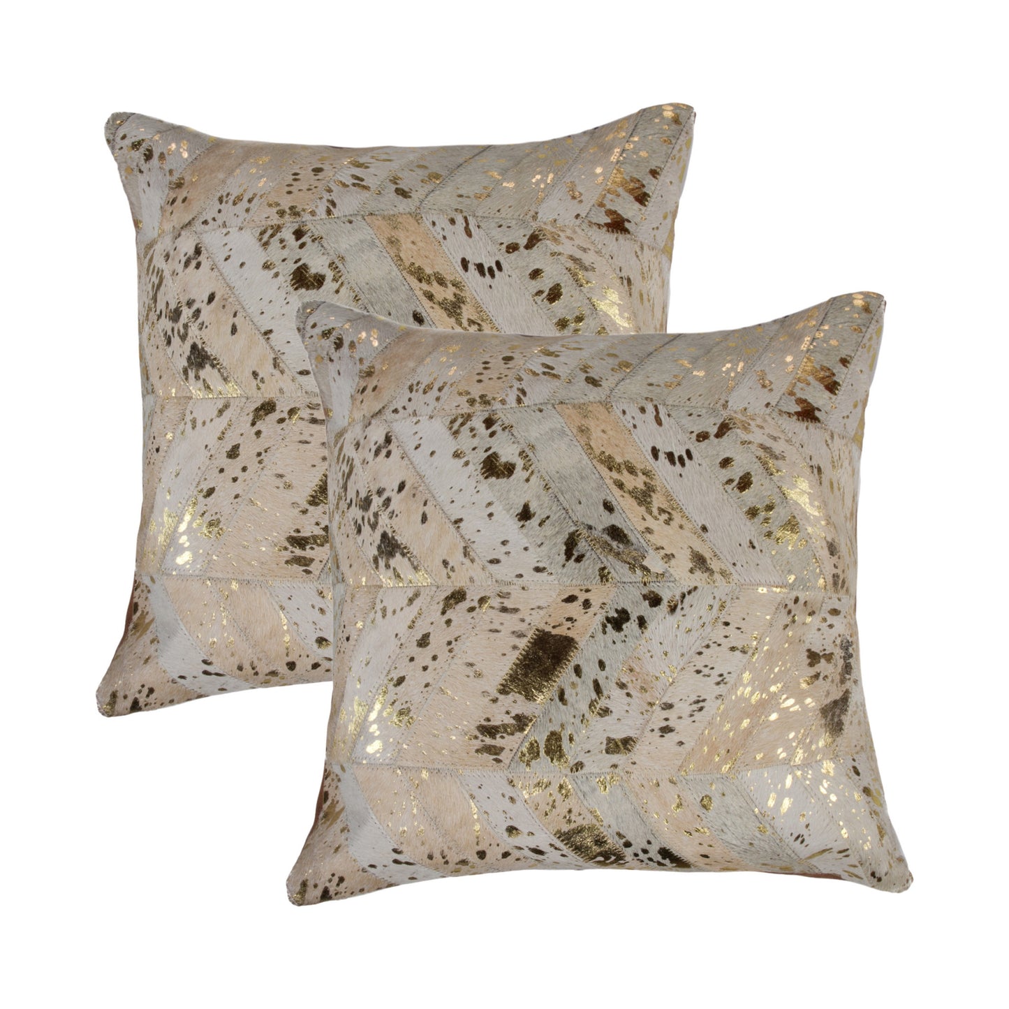 Two decorative pillows with a gold and beige pattern on a white background