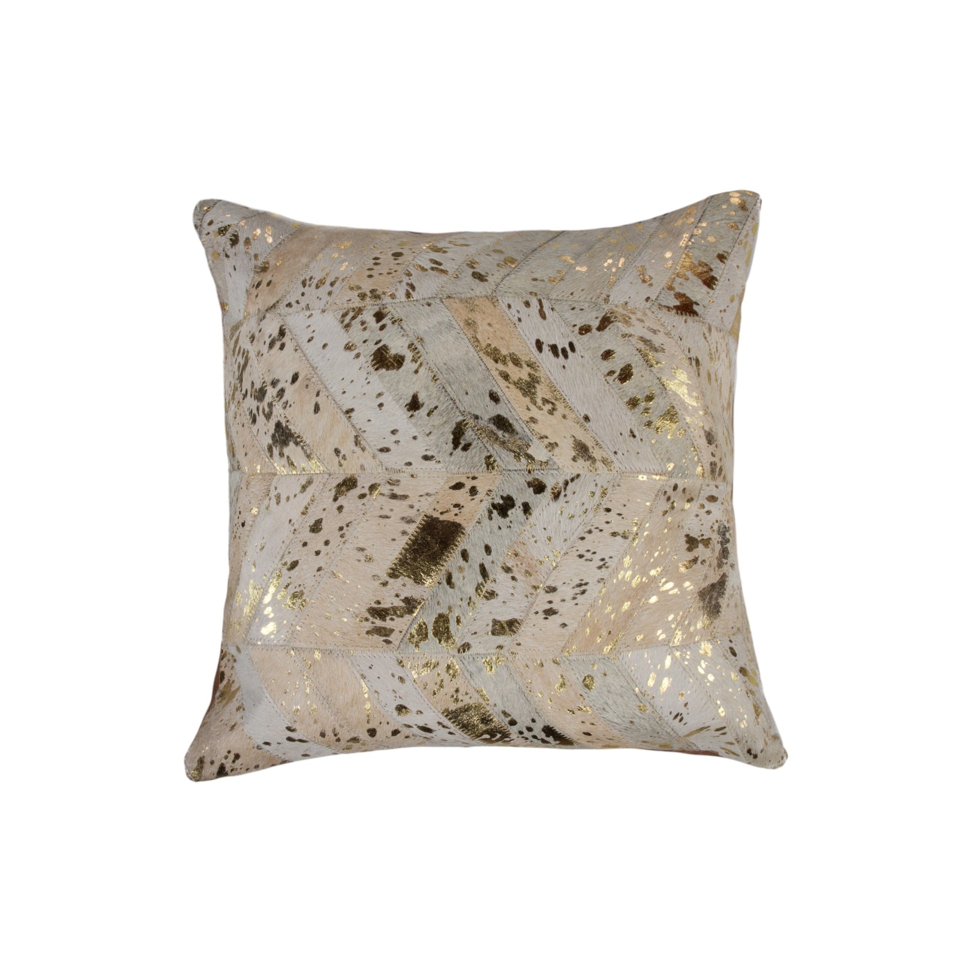Decorative pillow with a gold and black abstract pattern on a white background