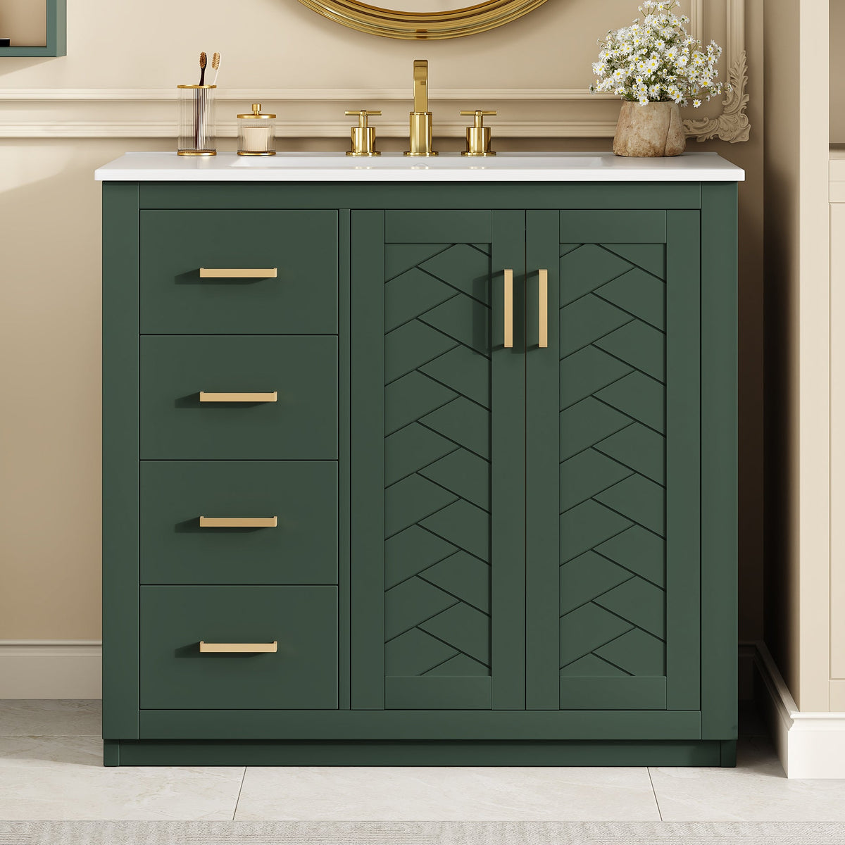 Green bathroom vanity with gold fixtures in a bathroom setting