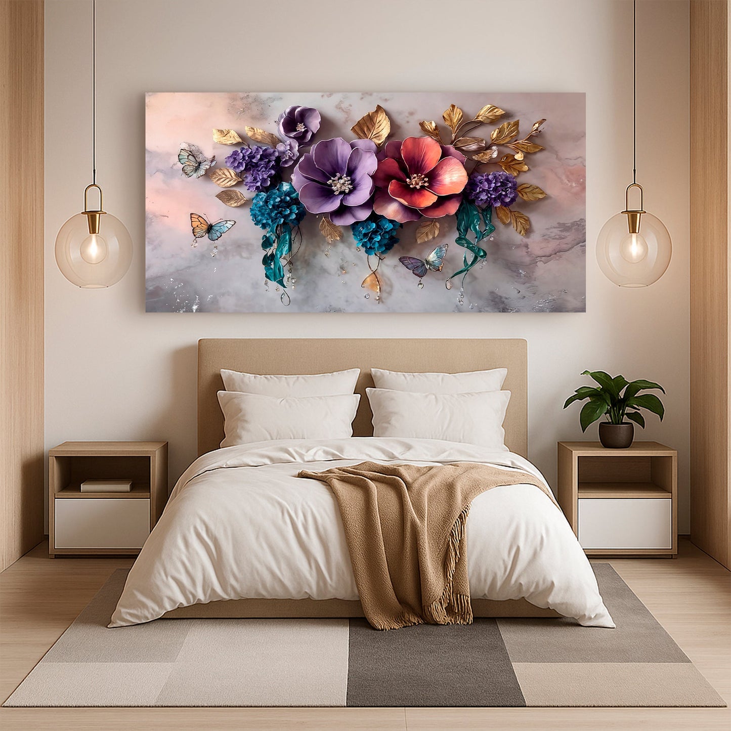 Modern bedroom with a large floral painting above the bed