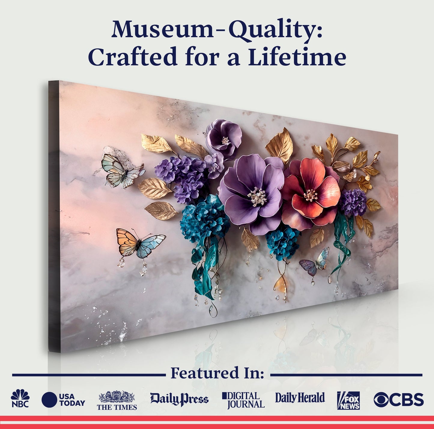 Decorative wall art with flowers and butterflies on a textured background, featuring media outlets at the bottom.