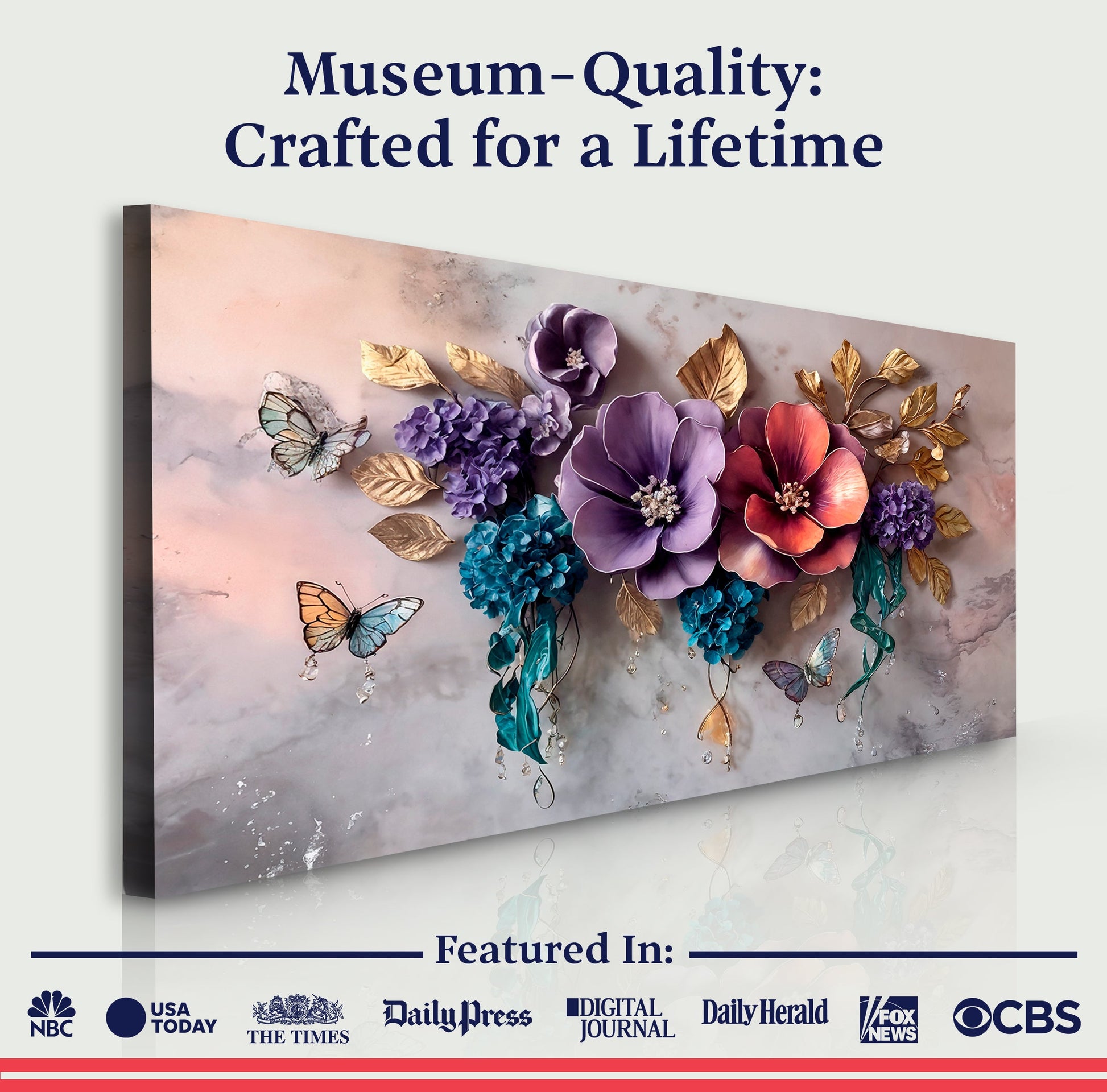 Decorative wall art with flowers and butterflies on a textured background, featuring media outlets at the bottom.