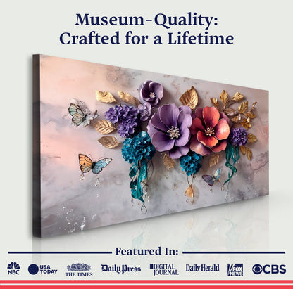Decorative wall art with flowers and butterflies on a textured background, featuring media outlets at the bottom.
