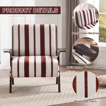 Striped armchair with comfortable backrest, solid rubber wood armrests, and breathable fabric details.