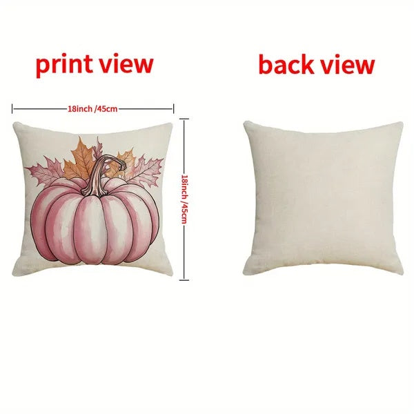 Pillow with pumpkin design on one side and plain back view with dimensions shown.