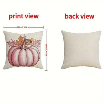 Pillow with pumpkin design on one side and plain back view with dimensions shown.