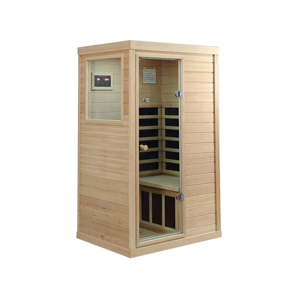 A single-person wooden infrared sauna with a glass door, showing the interior benches and control panel, on a solid white background.