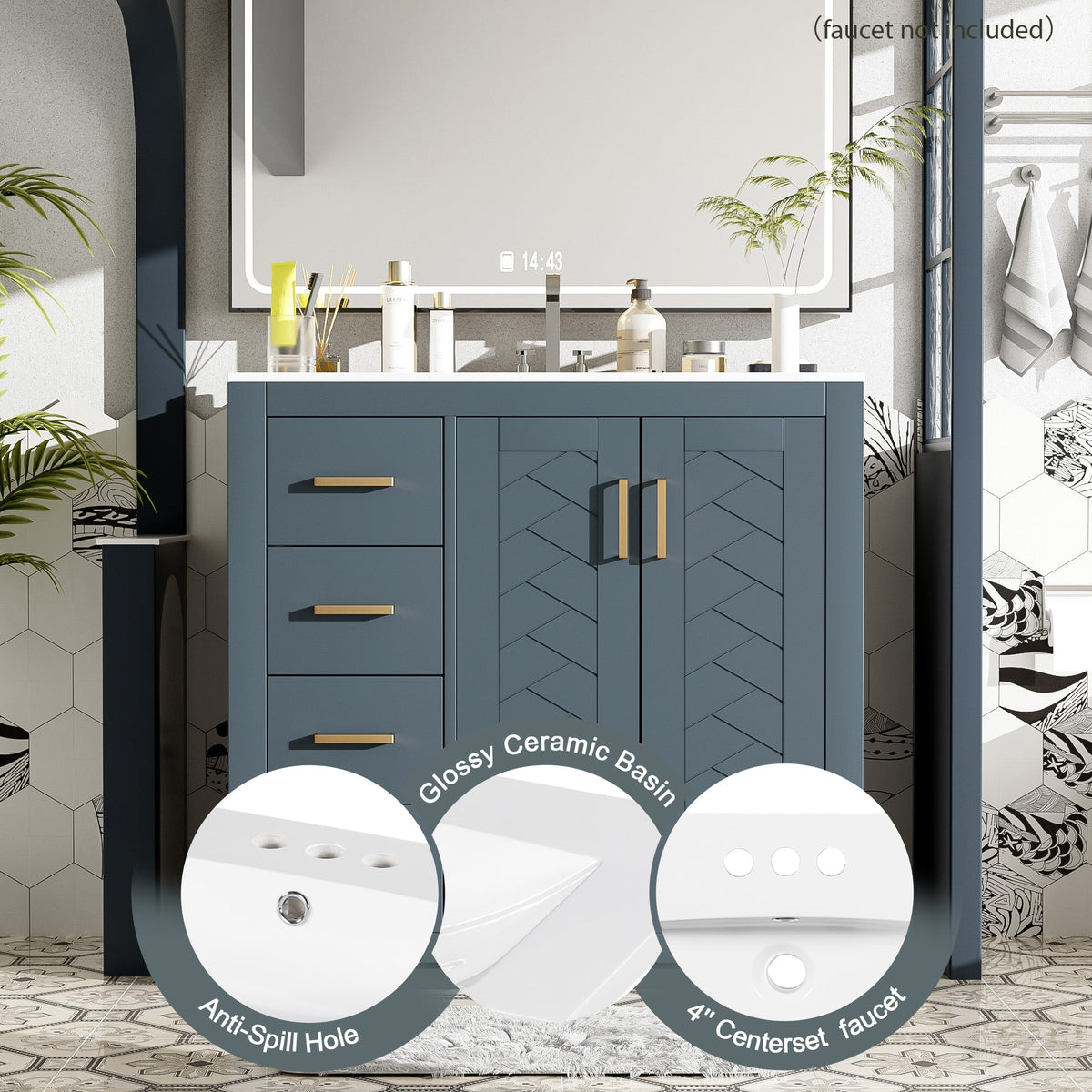 Blue bathroom vanity with details highlighted, including a glossy ceramic basin and anti-spill hole.