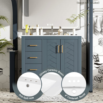 Blue bathroom vanity with details highlighted, including a glossy ceramic basin and anti-spill hole.