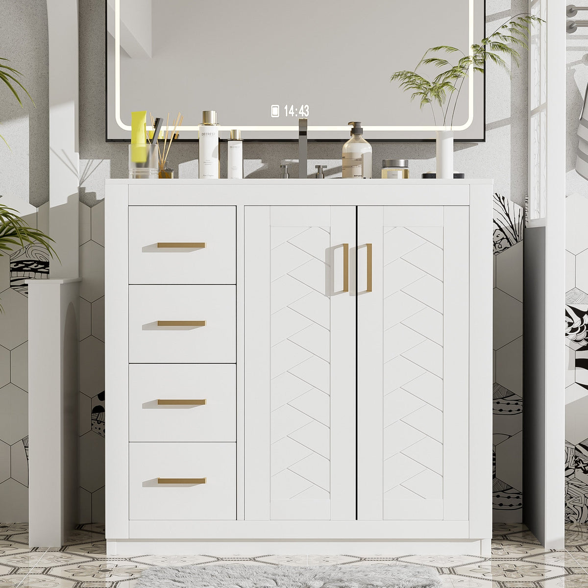 Modern Blue Bathroom Vanity Cabinet with Gold Hardware.