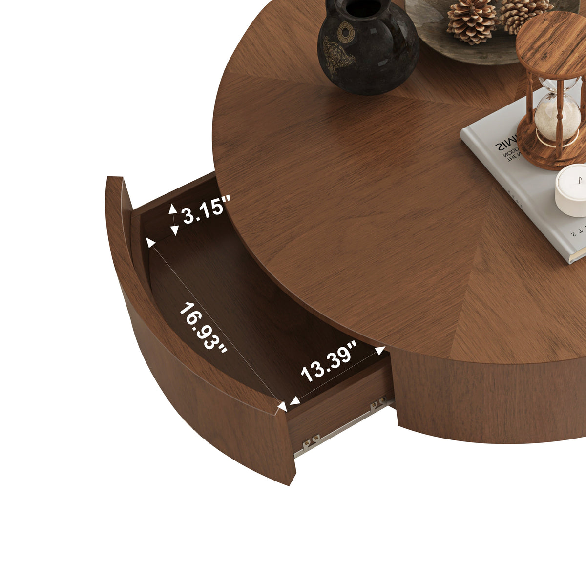 A close-up of a round wooden coffee table with one drawer pulled open, showing dimension labels and measurements overlaid on the drawer interior.