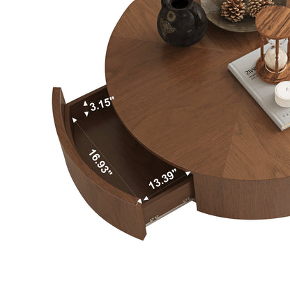 A close-up of a round wooden coffee table with one drawer pulled open, showing dimension labels and measurements overlaid on the drawer interior.