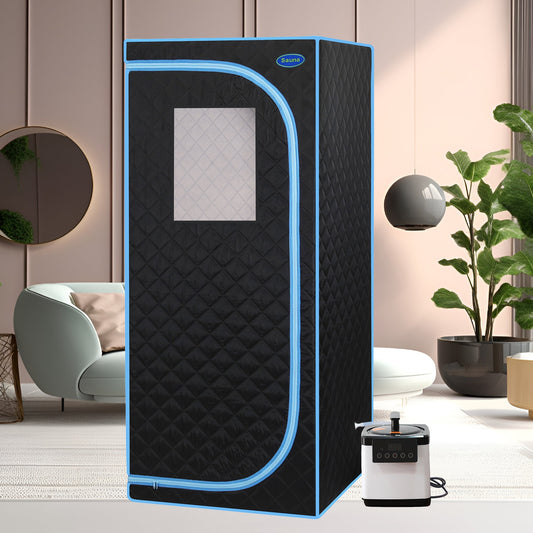 Portable sauna with a control panel on a living room floor