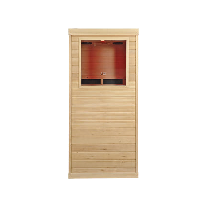 A wooden sauna cabin with light natural wood exterior panels and a glass front window showing a warm red interior, isolated on a white background.