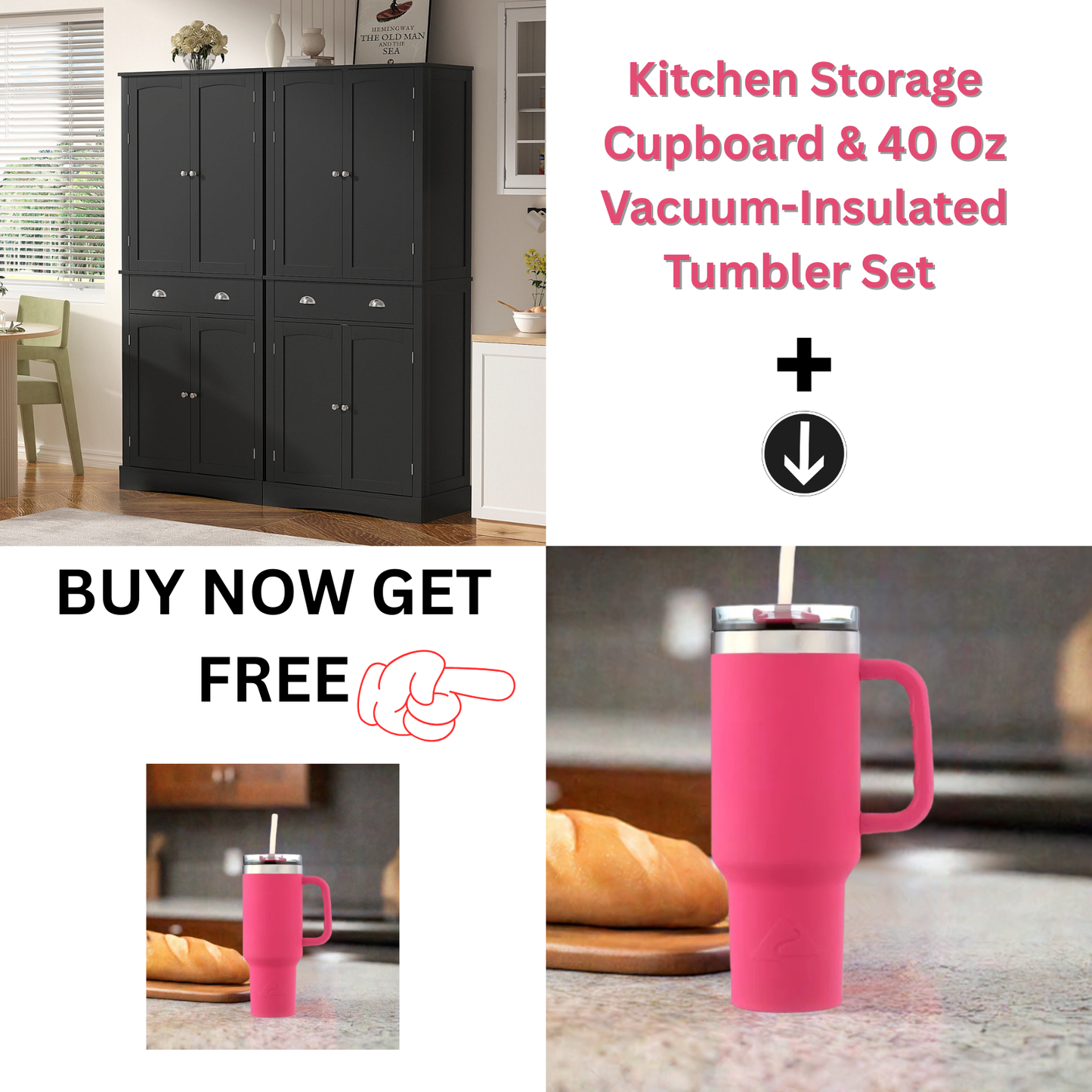 Black kitchen storage cupboard with pink vacuum-insulated tumbler on a kitchen counter.