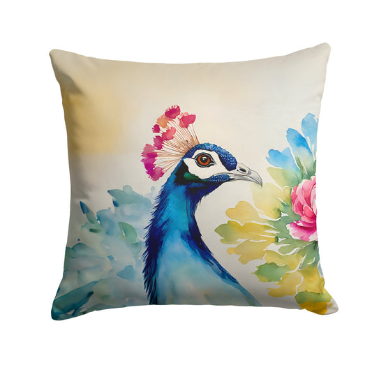 Decorative pillow with a peacock design on a beige background