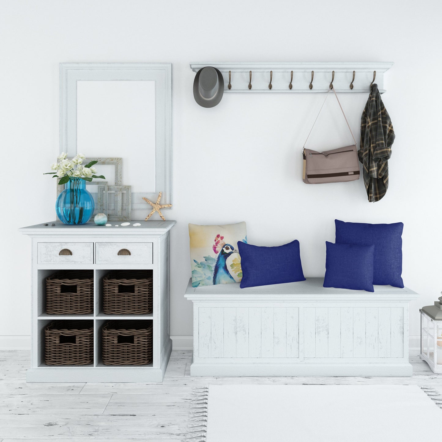 White entryway with bench, storage unit, and decorative items.
