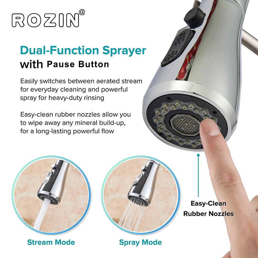 Brushed Nickel Kitchen Faucet Flexible Pull Out Nozzle Kitchen Sink Mixer Tap Stream Sprayer Head Deck Black Hot Cold Water Taps - Home Fusion