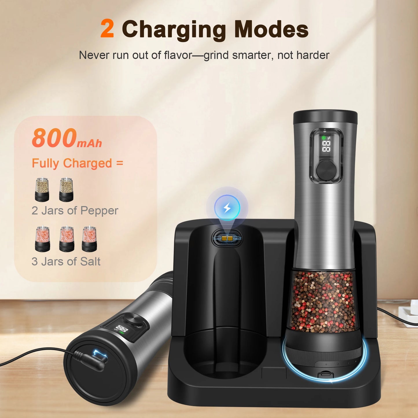 Electric pepper grinder with charging station and USB cable on a wooden surface.