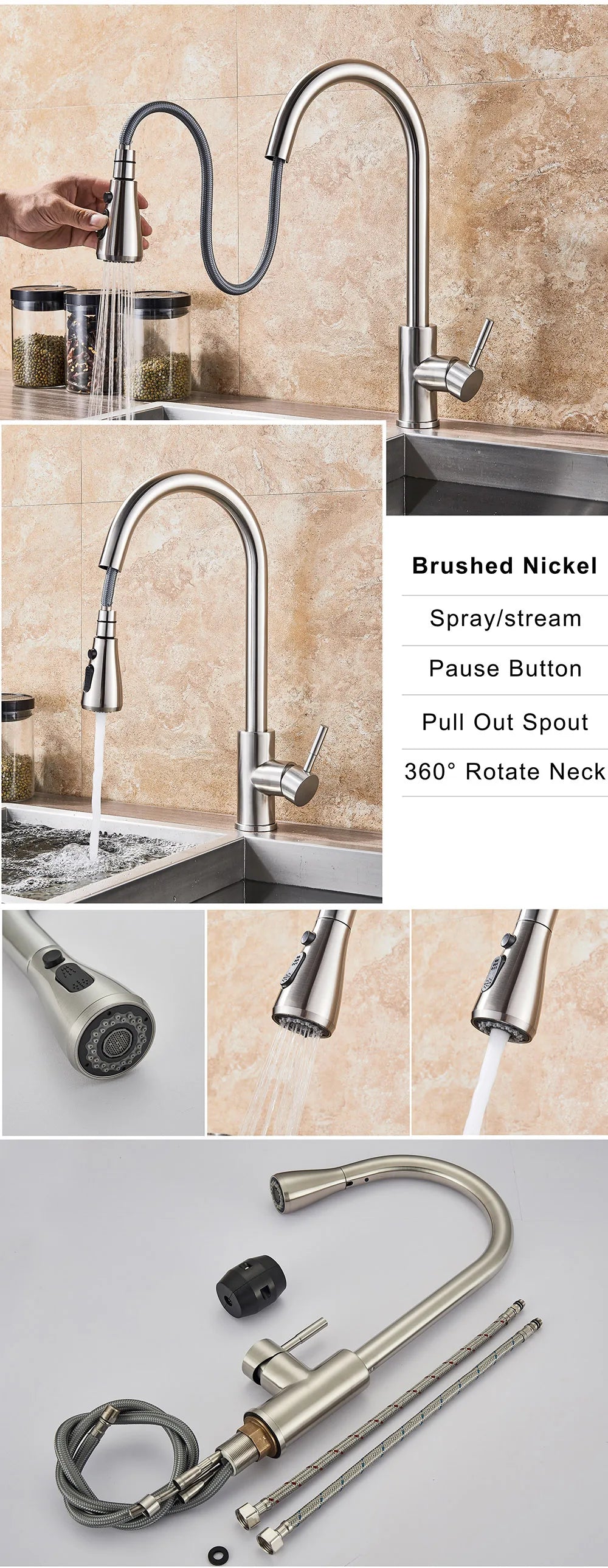 Brushed Nickel Kitchen Faucet Flexible Pull Out Nozzle Kitchen Sink Mixer Tap Stream Sprayer Head Deck Black Hot Cold Water Taps - Home Fusion
