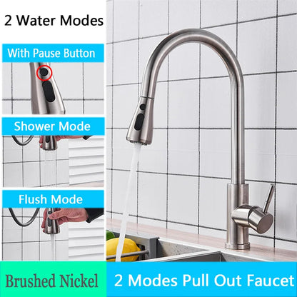 Brushed Nickel Kitchen Faucet Flexible Pull Out Nozzle Kitchen Sink Mixer Tap Stream Sprayer Head Deck Black Hot Cold Water Taps - Home Fusion