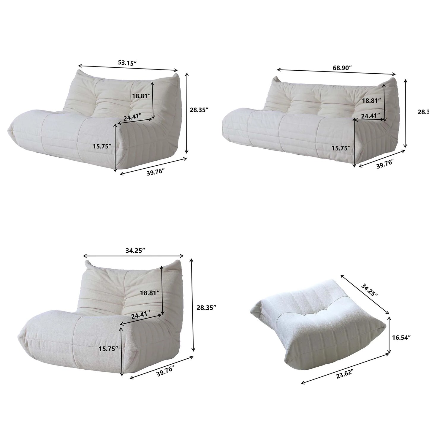 Measurement chart of a bean bag chair with dimensions labeled Red Living Room Sofa Set – 1/2/3 Seater + Ottoman Sectional Couch. 076823-f9.myshopify.com