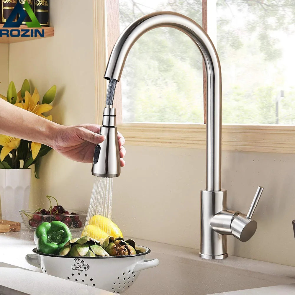 Brushed Nickel Kitchen Faucet Flexible Pull Out Nozzle Kitchen Sink Mixer Tap Stream Sprayer Head Deck Black Hot Cold Water Taps - Home Fusion