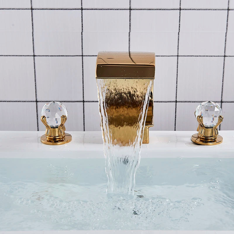 Luxurious Gold Bathroom Basin Faucet Brass  Gold Bathroom Basin Faucet Brass Deck Mounted Double handle Cold and Hot Waterfall Basin faucet Home Fusion