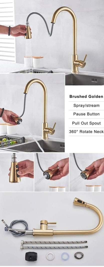 Brushed Nickel Kitchen Faucet Flexible Pull Out Nozzle Kitchen Sink Mixer Tap Stream Sprayer Head Deck Black Hot Cold Water Taps - Home Fusion