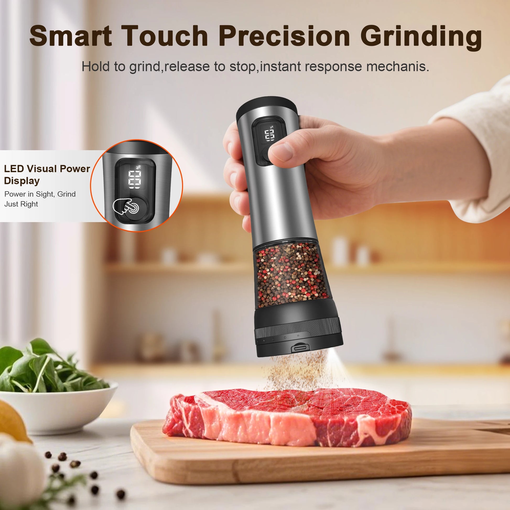 Electric pepper grinder being used on a steak with a kitchen background