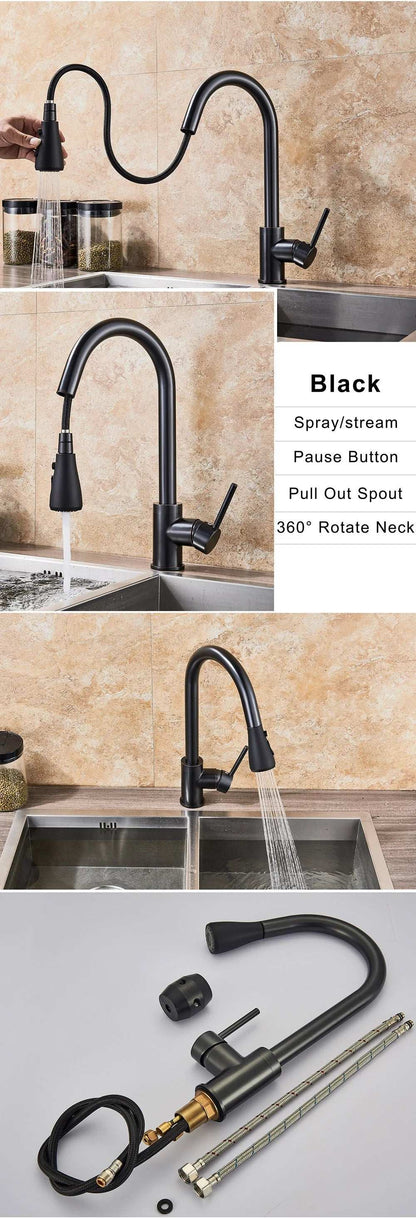 Brushed Nickel Kitchen Faucet Flexible Pull Out Nozzle Kitchen Sink Mixer Tap Stream Sprayer Head Deck Black Hot Cold Water Taps - Home Fusion