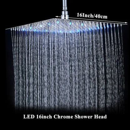 Chrome LED Light Bathroom Shower Head 16 inch Big Rainfall Shower Faucets Accessory Top Square Brass Ultra-thin Shower Head - Home Fusion