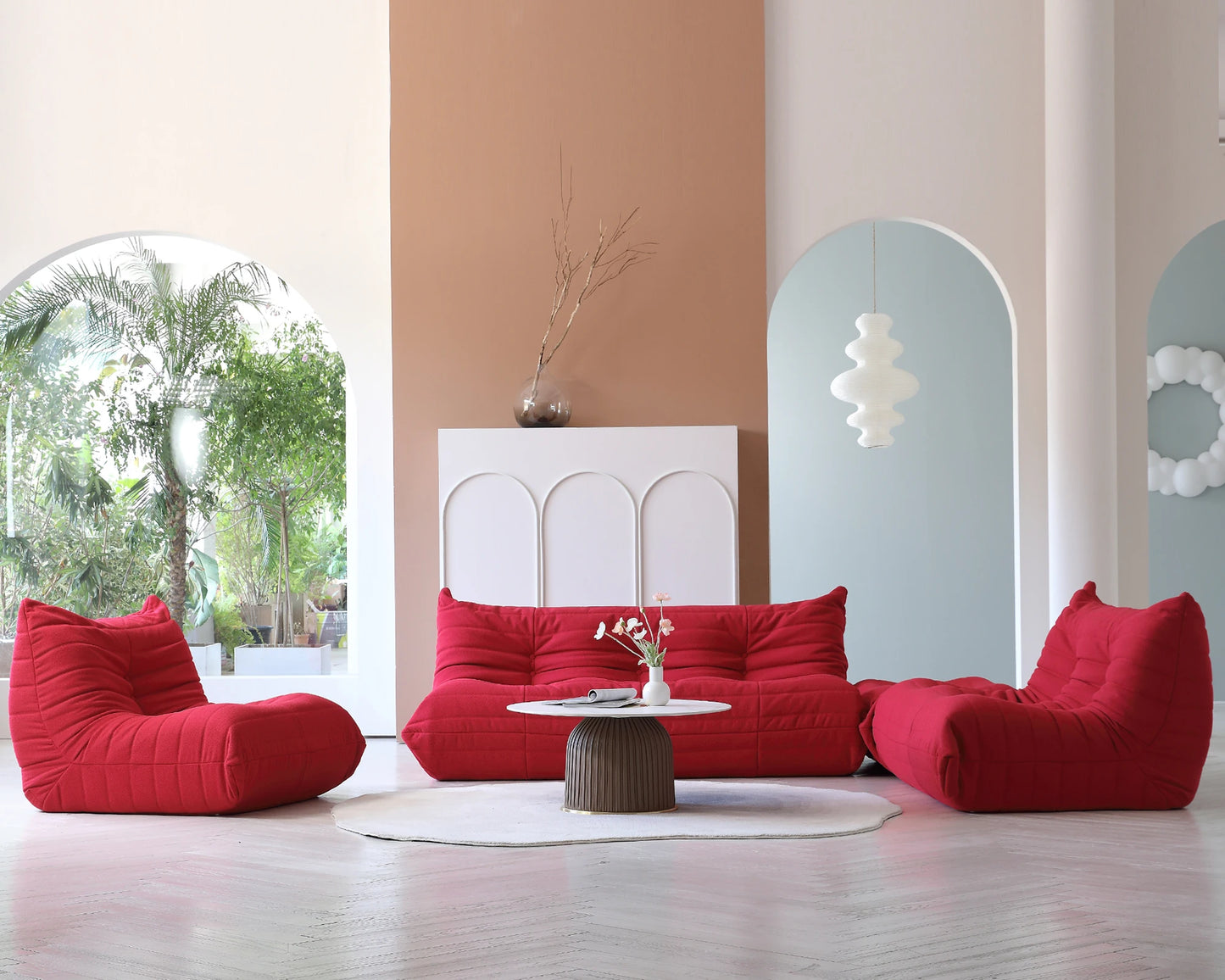 Modern living room with red bean bag chairs and a white sofa. Red Living Room Sofa Set – 1/2/3 Seater + Ottoman Sectional Couch. 076823-f9.myshopify.com