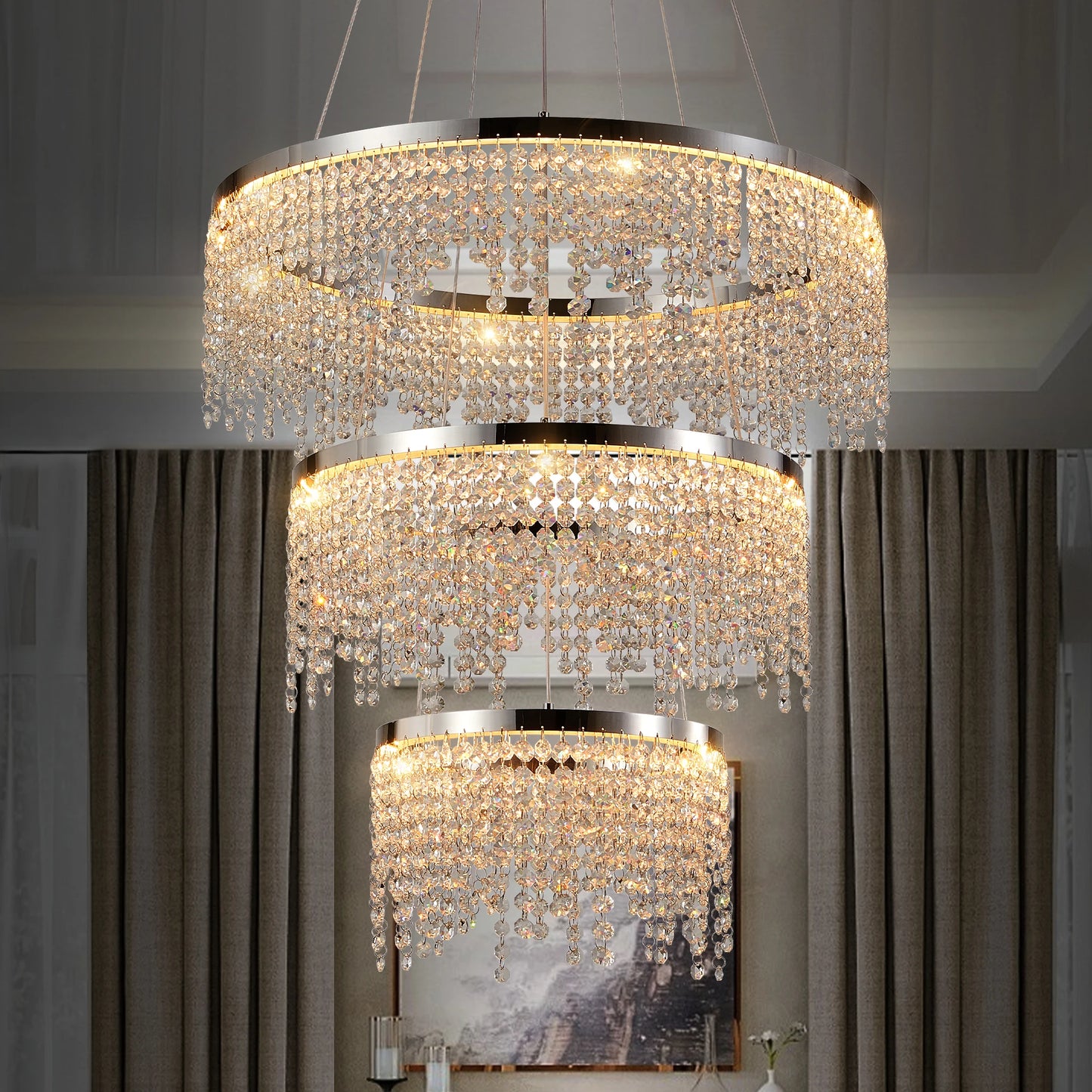modern led crystal chandelier 16 inch round 3 layer adjustable pendant light