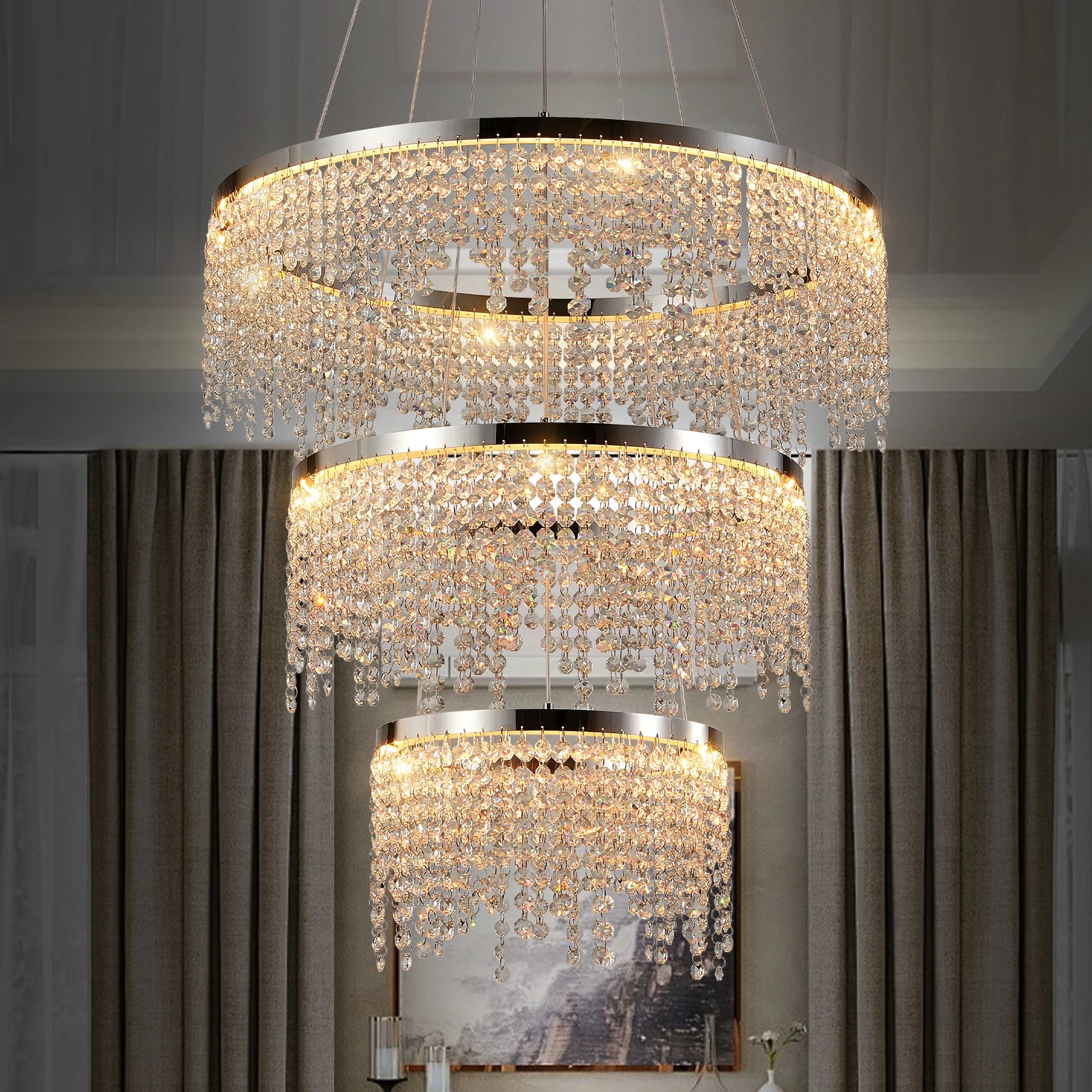 modern led crystal chandelier 16 inch round 3 layer adjustable pendant light