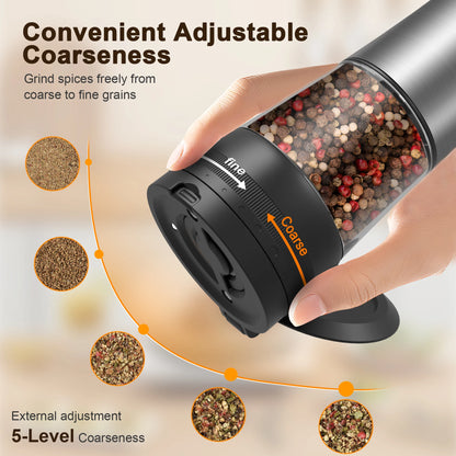Black pepper grinder with adjustable coarseness feature, showing different grind sizes and a hand holding it.