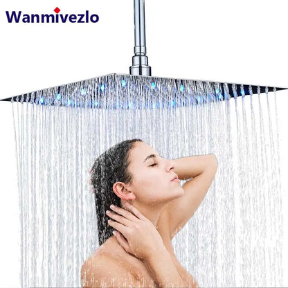 Chrome LED Light Bathroom Shower Head 16 inch Big Rainfall Shower Faucets Accessory Top Square Brass Ultra-thin Shower Head - Home Fusion