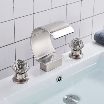 Luxurious Gold Bathroom Basin Faucet Brass  Gold Bathroom Basin Faucet Brass Deck Mounted Double handle Cold and Hot Waterfall Basin faucet Home Fusion