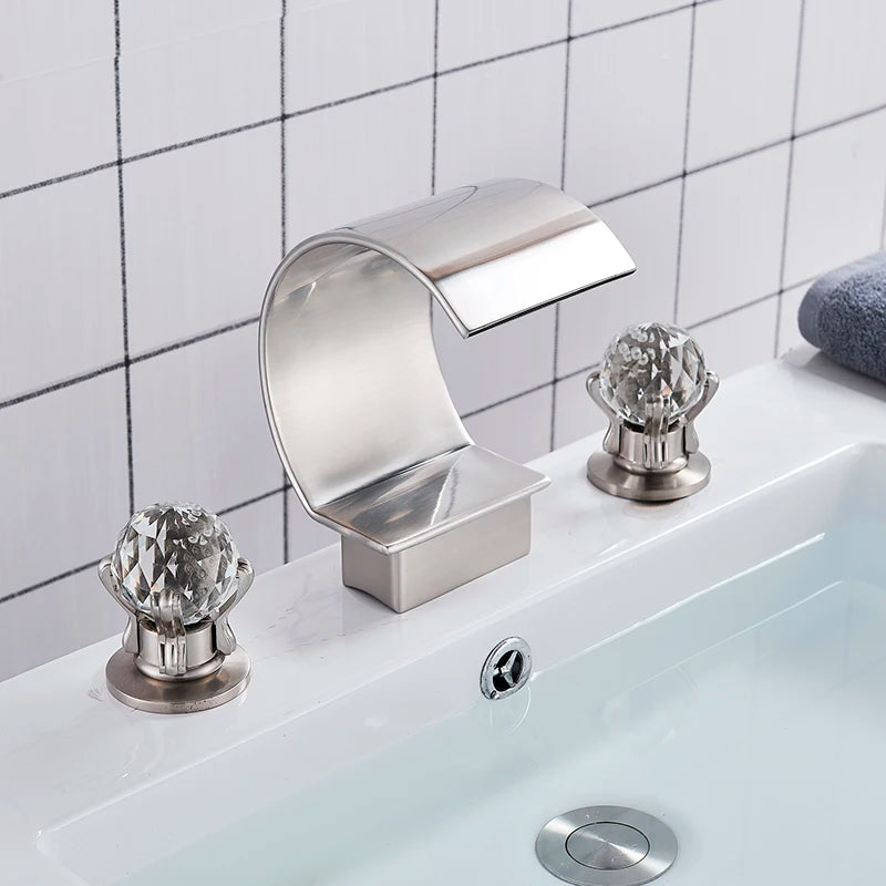 Luxurious Gold Bathroom Basin Faucet Brass  Gold Bathroom Basin Faucet Brass Deck Mounted Double handle Cold and Hot Waterfall Basin faucet - Home Fusion