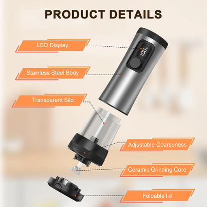 Product details of a grinder with features highlighted on a blurred background