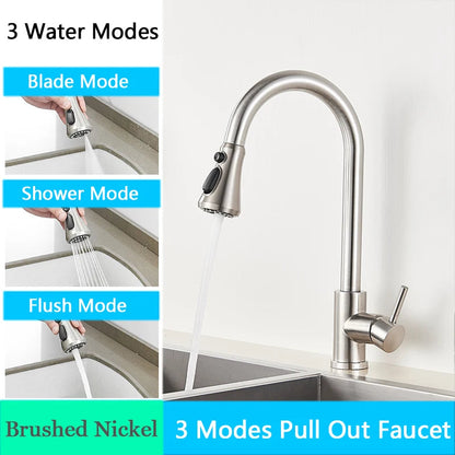 Brushed Nickel Kitchen Faucet Flexible Pull Out Nozzle Kitchen Sink Mixer Tap Stream Sprayer Head Deck Black Hot Cold Water Taps - Home Fusion