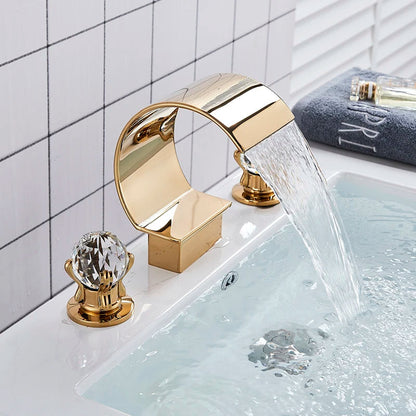 Luxurious Gold Bathroom Basin Faucet Brass  Gold Bathroom Basin Faucet Brass Deck Mounted Double handle Cold and Hot Waterfall Basin faucet Home Fusion