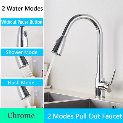 Brushed Nickel Kitchen Faucet Flexible Pull Out Nozzle Kitchen Sink Mixer Tap Stream Sprayer Head Deck Black Hot Cold Water Taps - Home Fusion