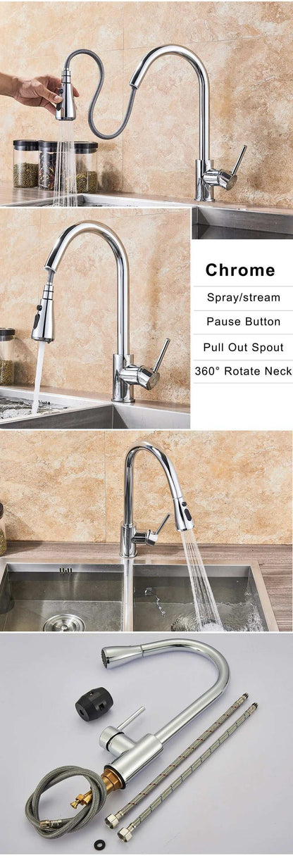 Brushed Nickel Kitchen Faucet Flexible Pull Out Nozzle Kitchen Sink Mixer Tap Stream Sprayer Head Deck Black Hot Cold Water Taps - Home Fusion