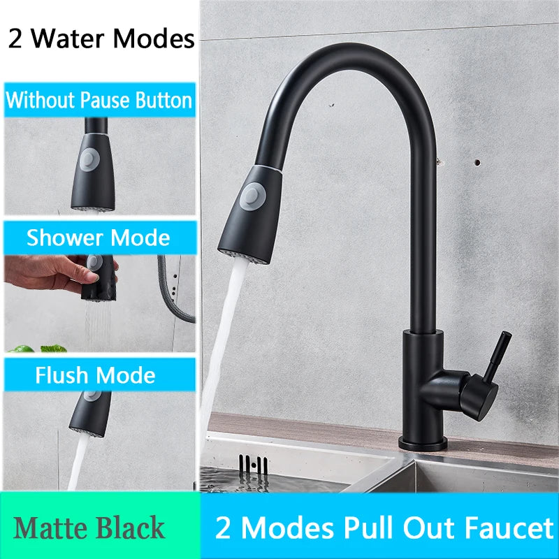Brushed Nickel Kitchen Faucet Flexible Pull Out Nozzle Kitchen Sink Mixer Tap Stream Sprayer Head Deck Black Hot Cold Water Taps - Home Fusion
