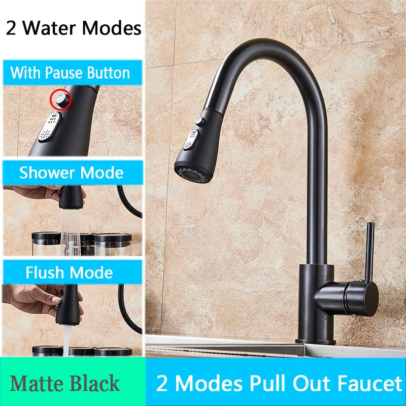 Brushed Nickel Kitchen Faucet Flexible Pull Out Nozzle Kitchen Sink Mixer Tap Stream Sprayer Head Deck Black Hot Cold Water Taps - Home Fusion
