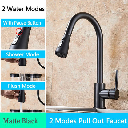Brushed Nickel Kitchen Faucet Flexible Pull Out Nozzle Kitchen Sink Mixer Tap Stream Sprayer Head Deck Black Hot Cold Water Taps - Home Fusion
