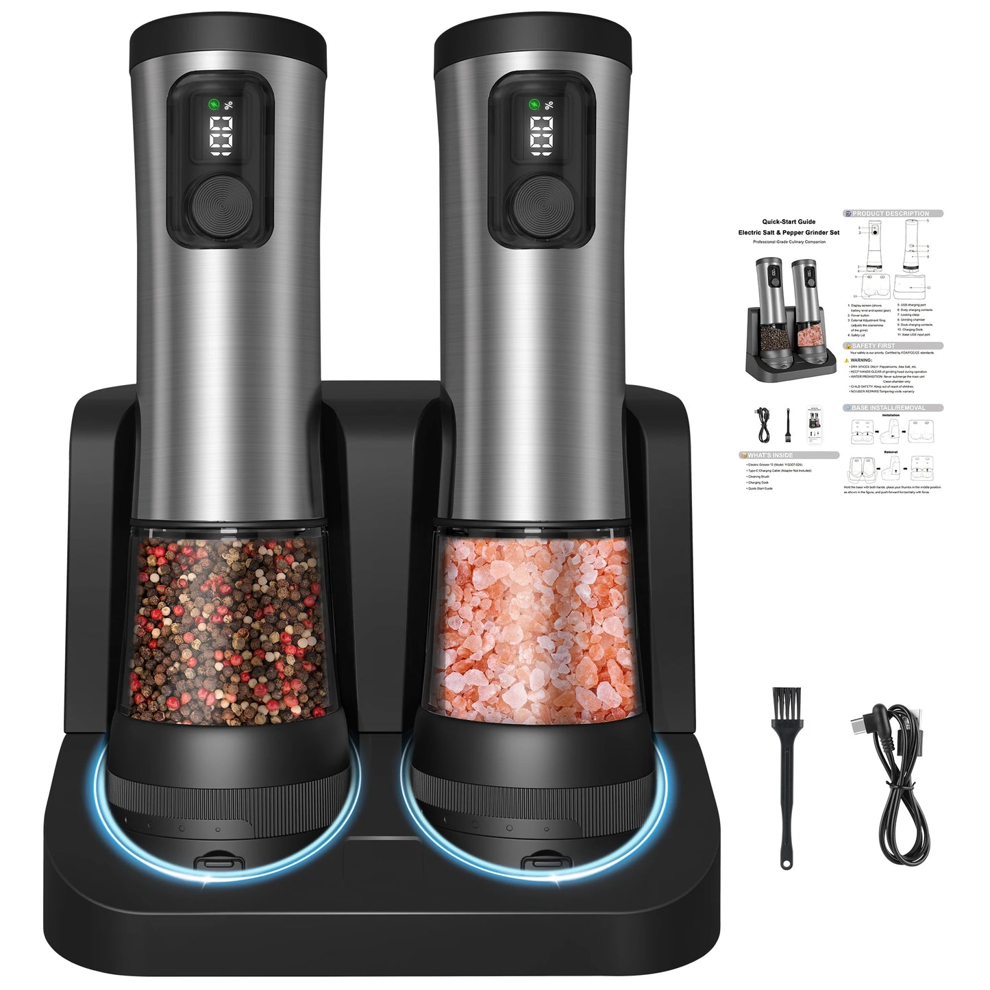 Two electric pepper grinders with digital displays on a white background, including accessories.