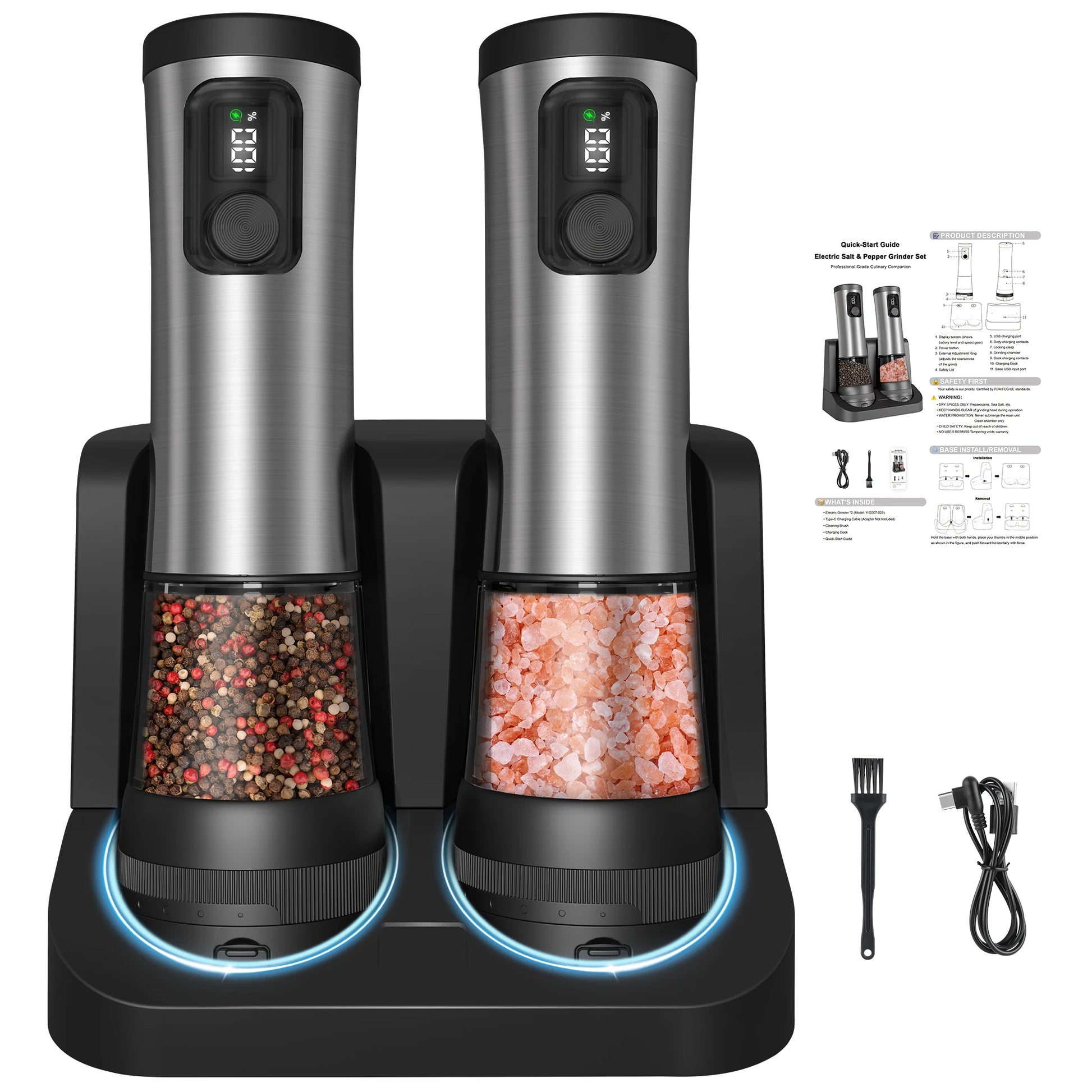 Two electric pepper grinders with digital displays on a white background, including accessories.